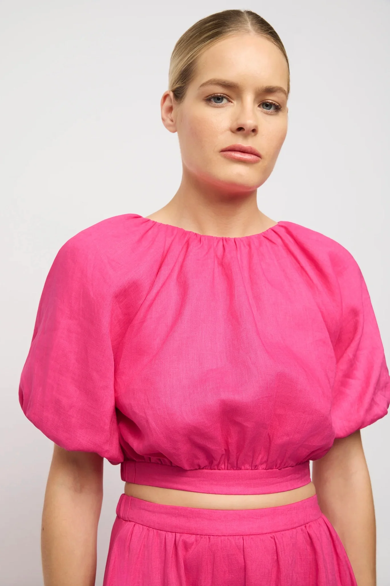 Adoni Linen Balloon Sleeve Top HOT PINK
