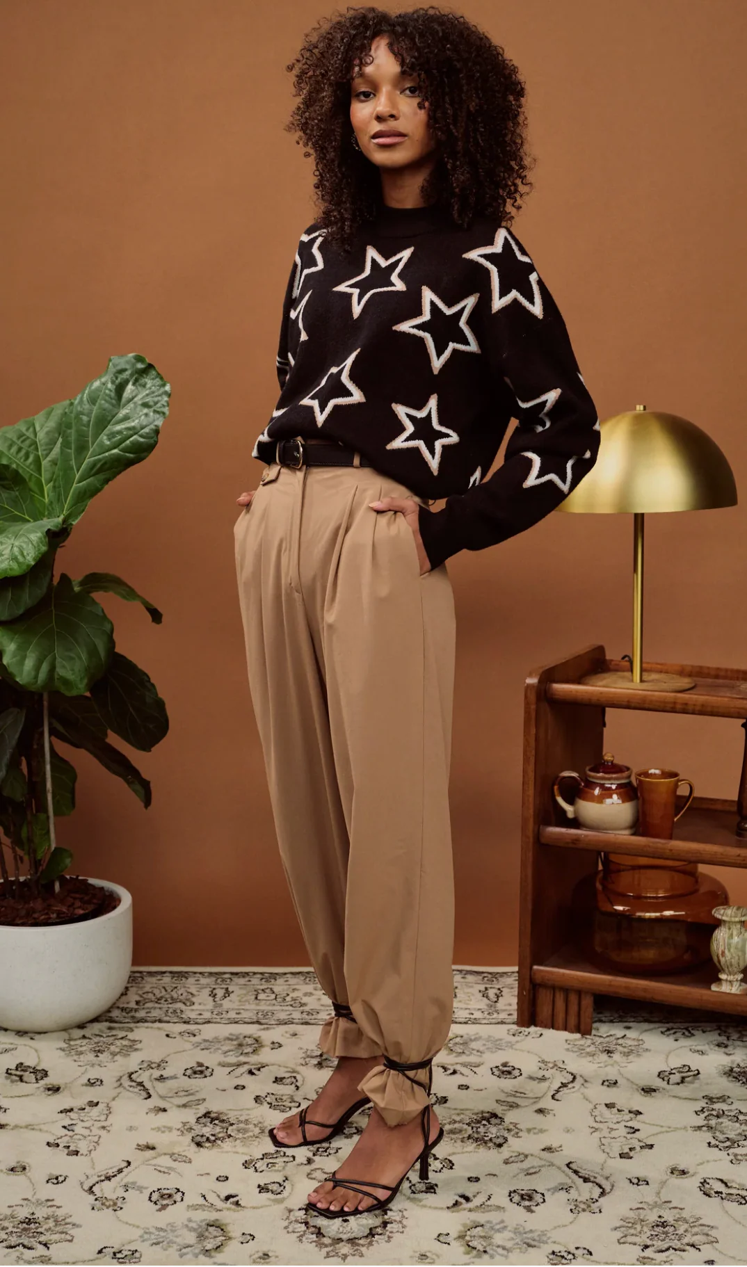 Astra Knit Cropped Jumper Black White Tan - Image 2