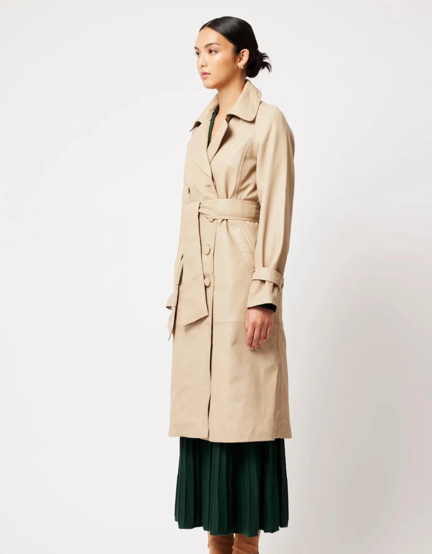 Astra Reglan Sleeve Detailed Leather Trench Coat OATMEAL - Image 3