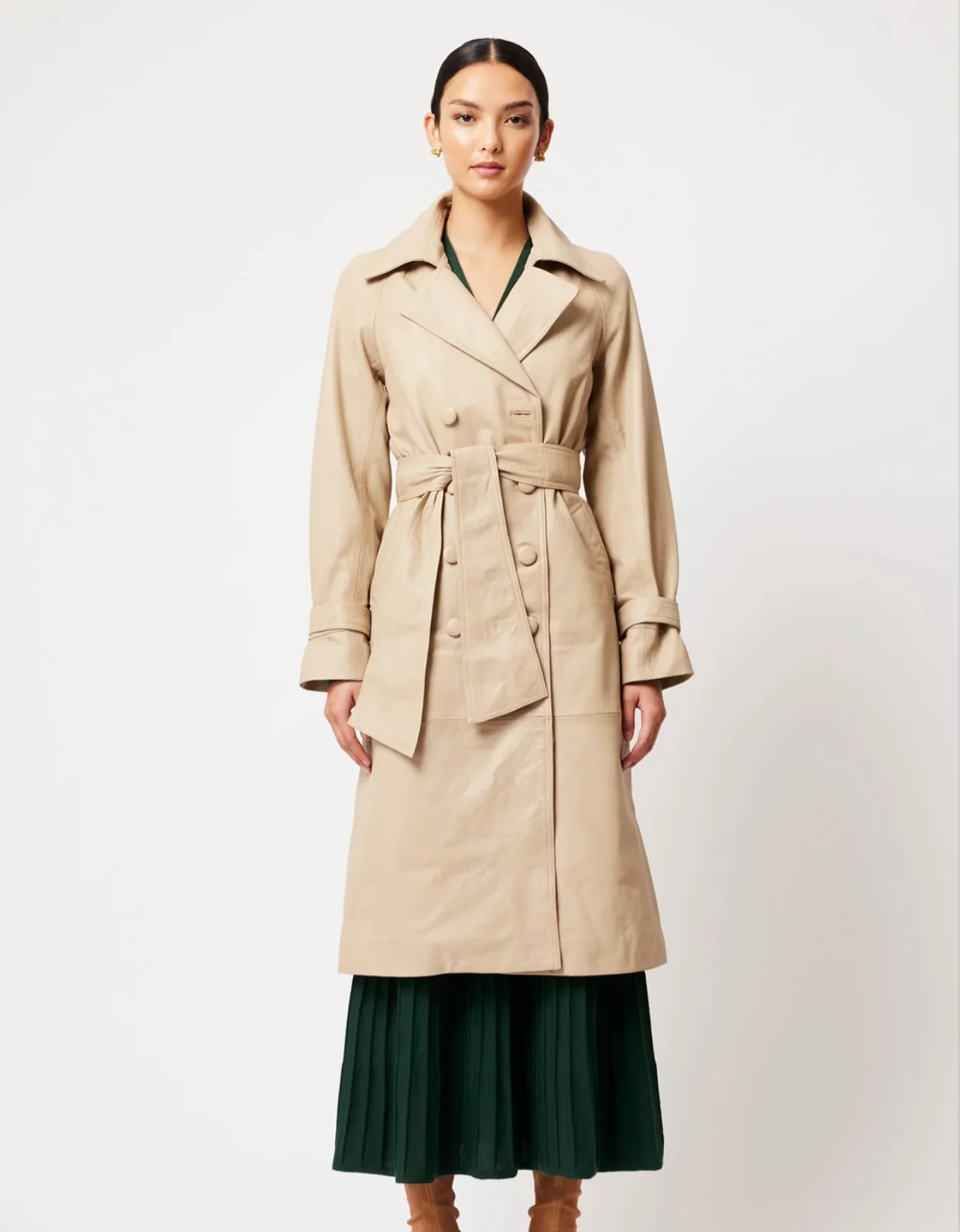 Astra Reglan Sleeve Detailed Leather Trench Coat OATMEAL - Image 5