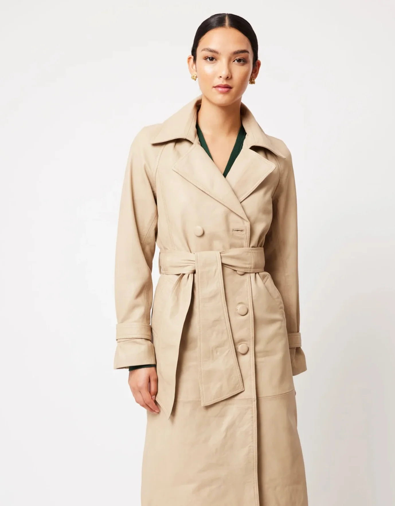 Astra Reglan Sleeve Detailed Leather Trench Coat OATMEAL - Image 6