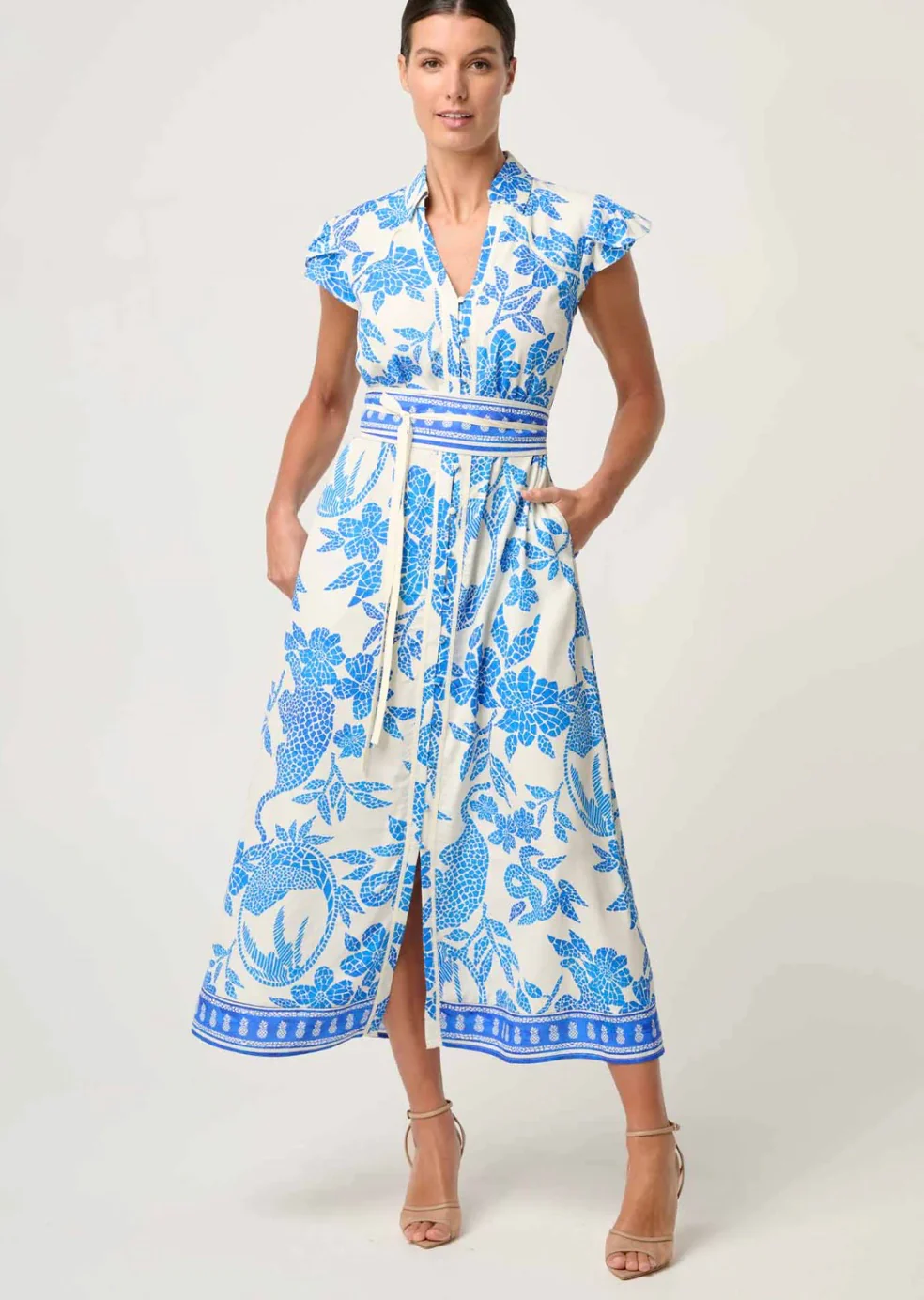 Callista Viscos Dobby Petal Sleeve Dress AZURE MOSAIC