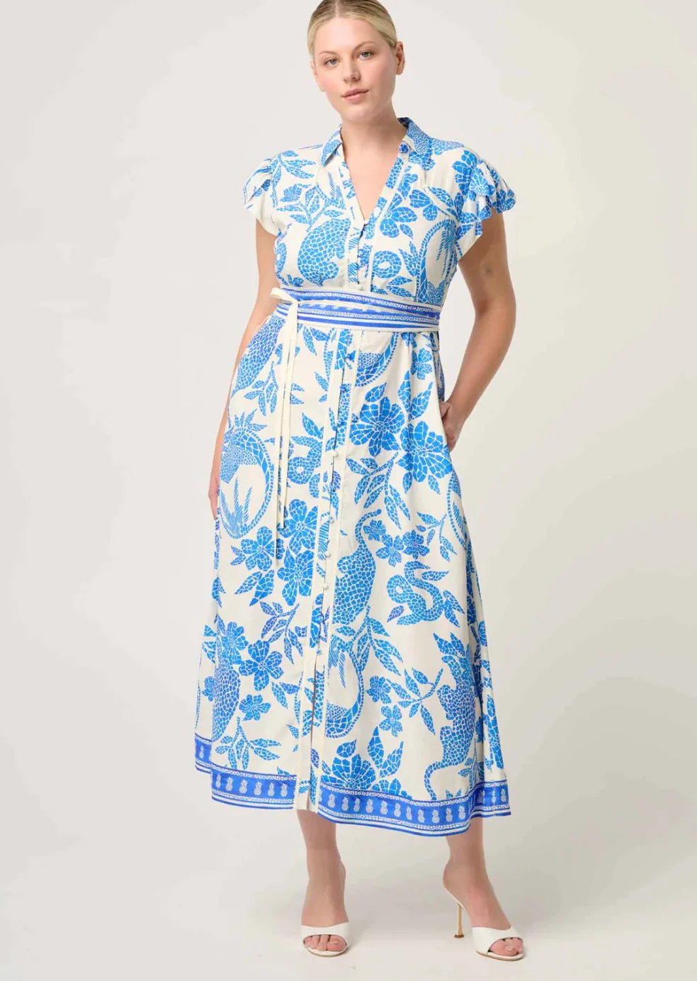 Callista Viscos Dobby Petal Sleeve Dress AZURE MOSAIC - Image 4