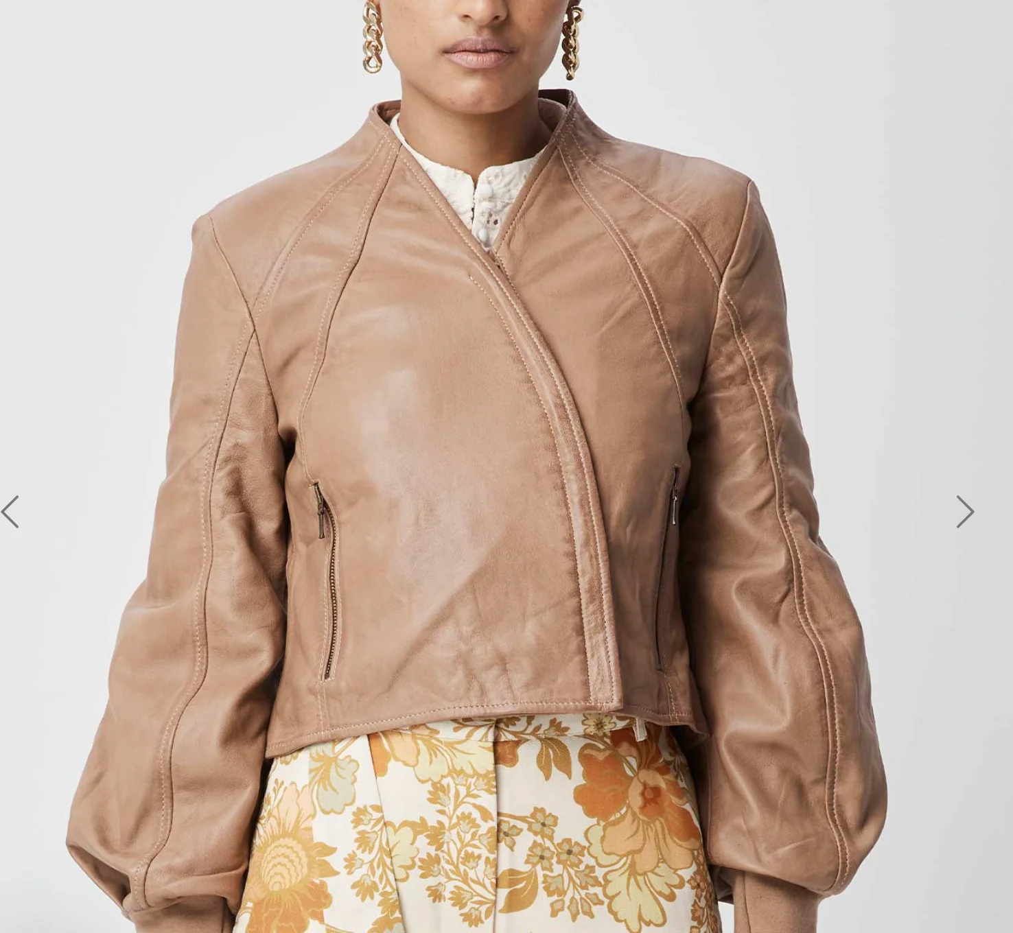 Farrah Volume Sleeve Leather Jacket Husk - Image 4