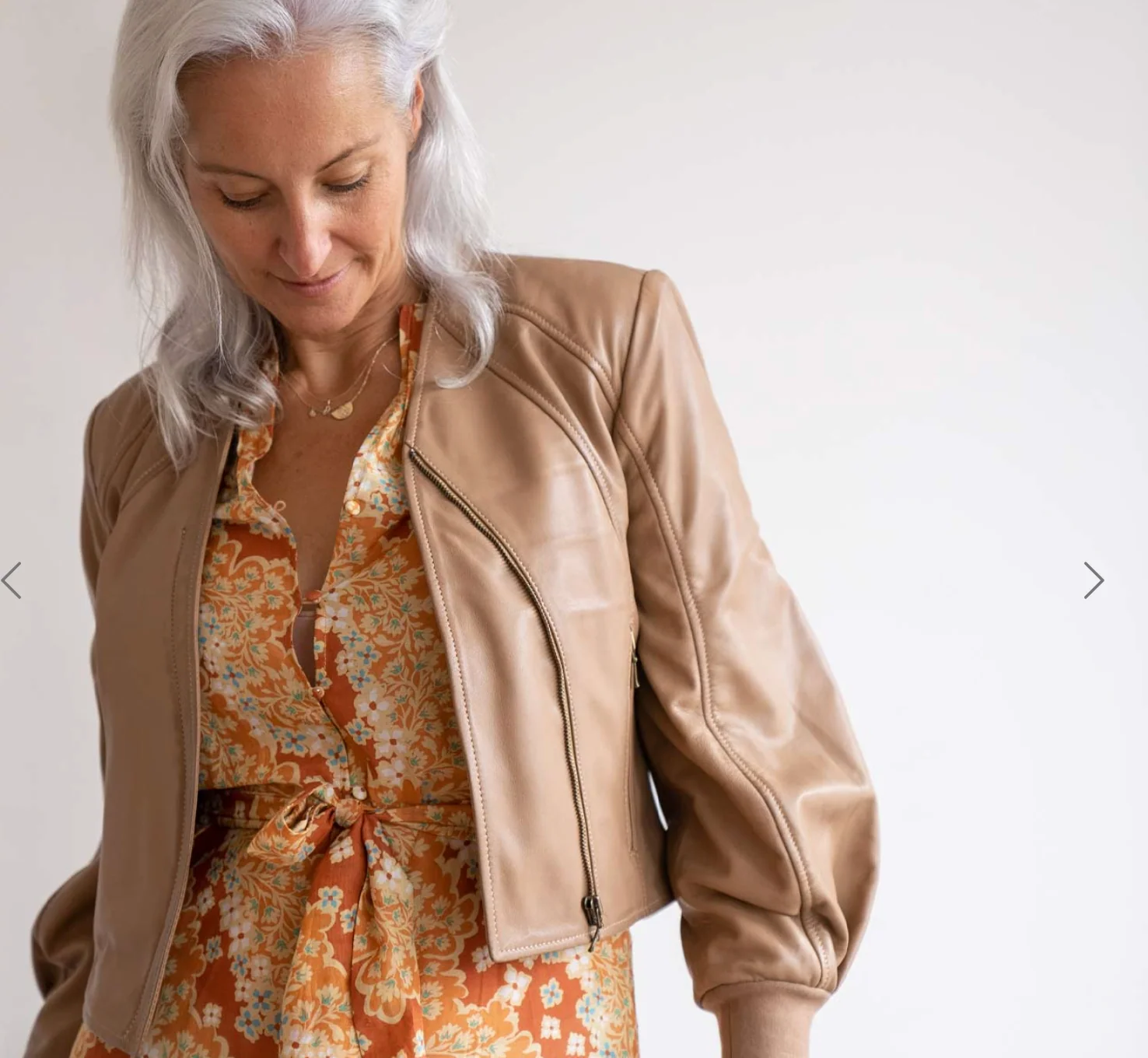 Farrah Volume Sleeve Leather Jacket Husk - Image 6