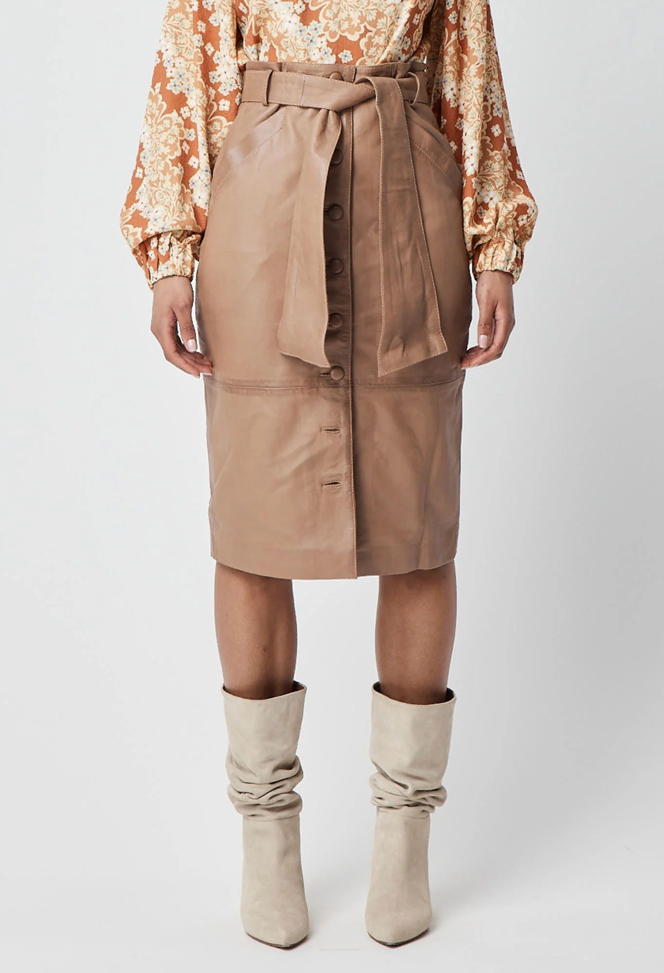 Halston Button Through Leather Skirt Husk - Image 4