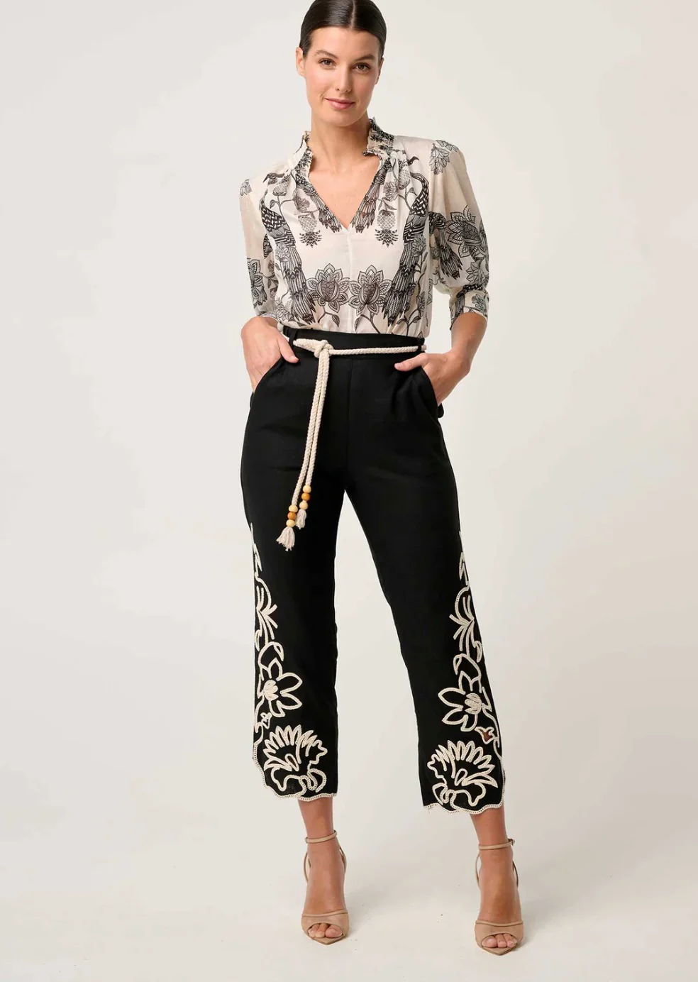 Helm Embroidered Linen Viscose Pant in BLACK