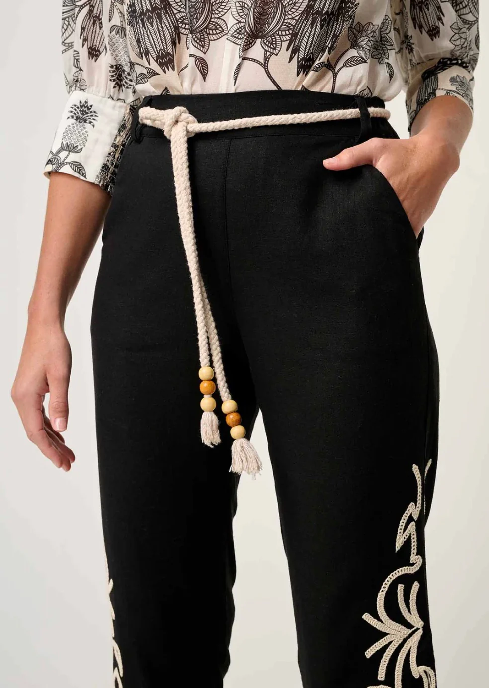 Helm Embroidered Linen Viscose Pant in BLACK - Image 5