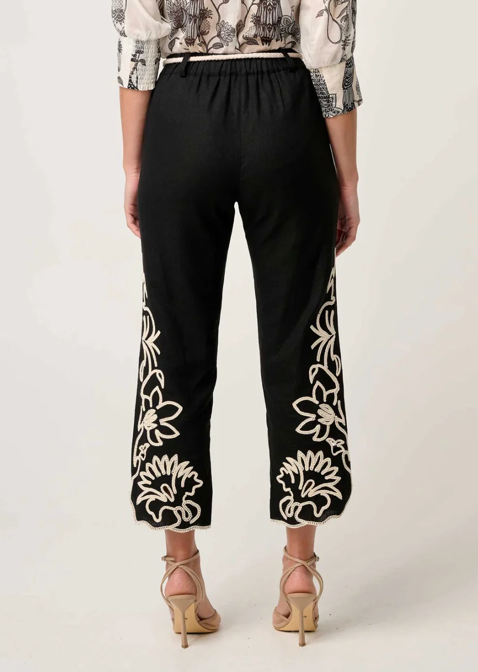 Helm Embroidered Linen Viscose Pant in BLACK - Image 6