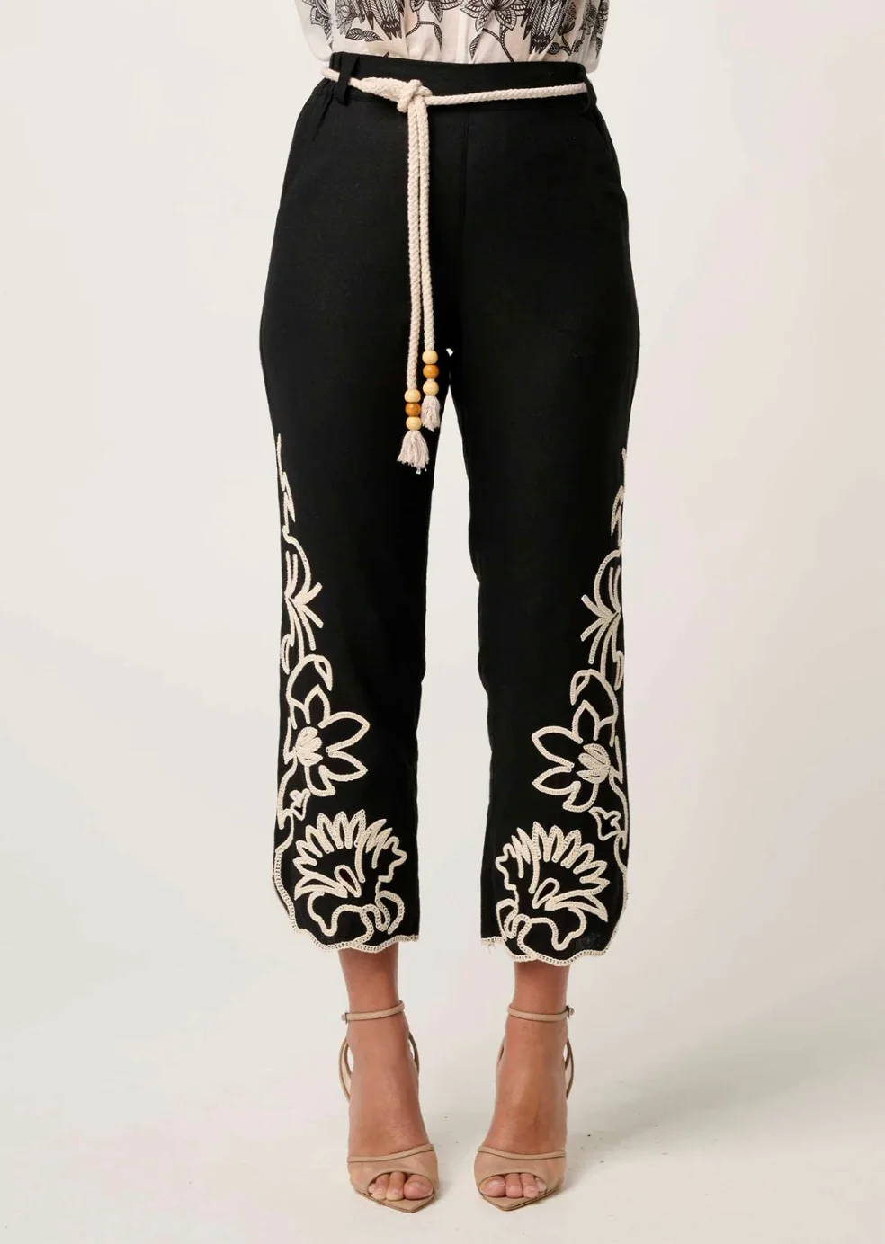 Helm Embroidered Linen Viscose Pant in BLACK - Image 7