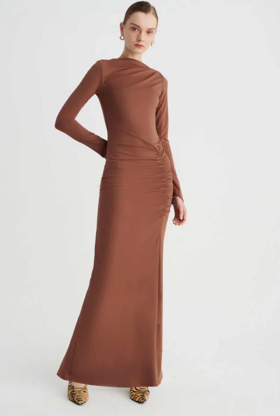Ivy Long Sleeve Rouched Dress CHOCOLATE