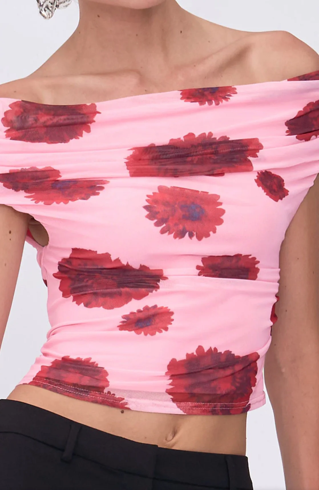 Luca Mesh Off Shoulder Top PINK RED - Image 2