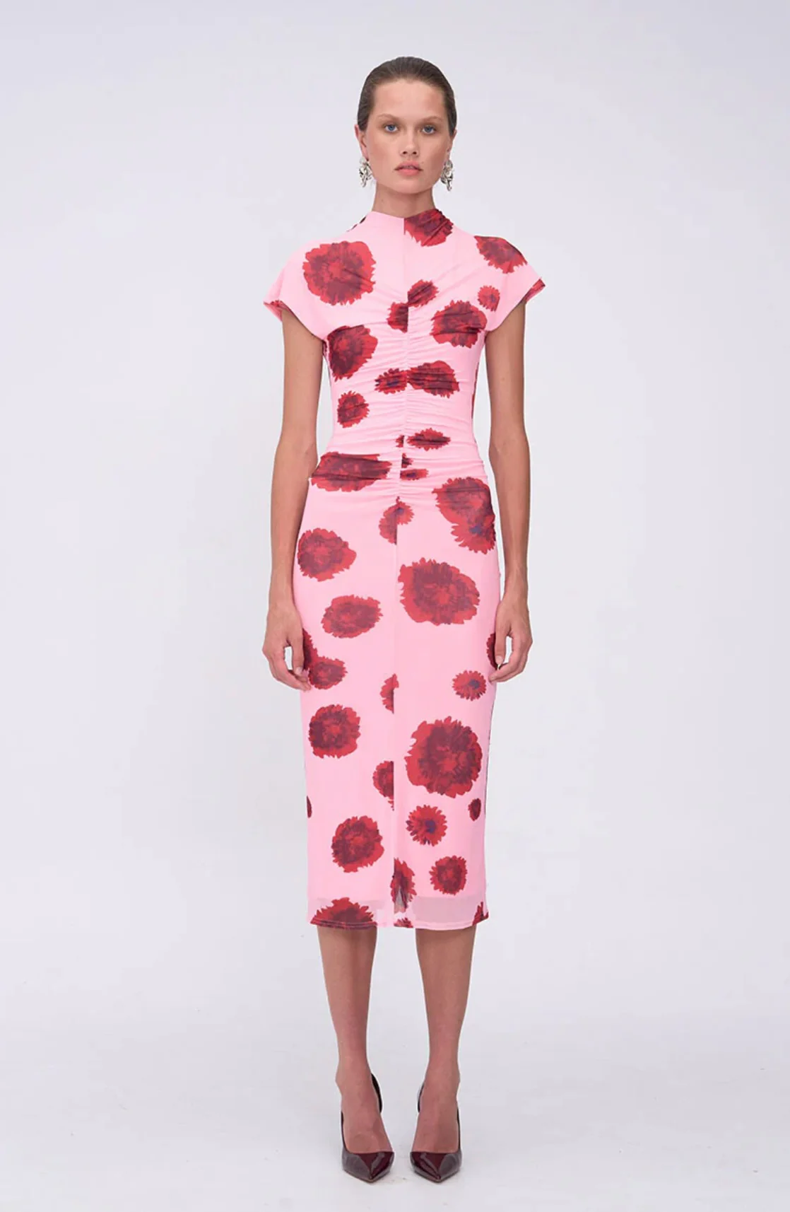 Luca Mesh Ruched Front Midi Dress PINK RED