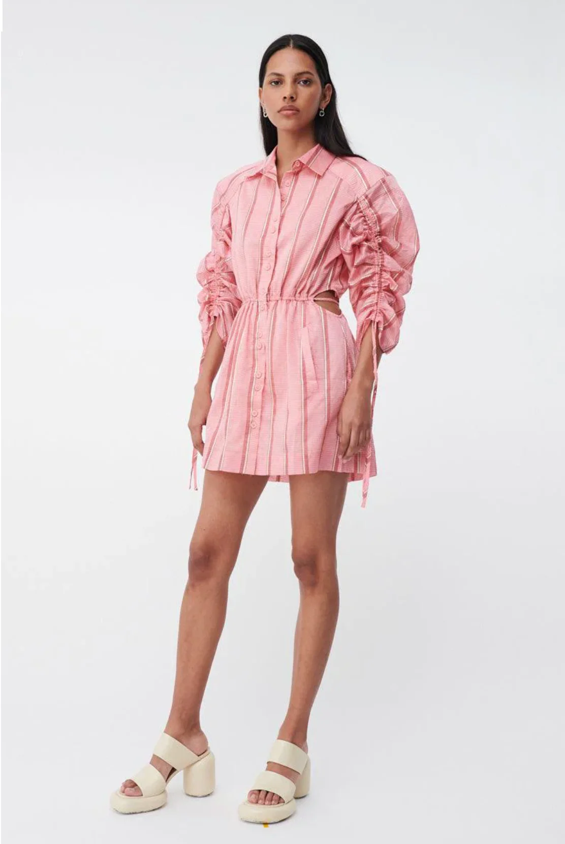 Pablo Ruched Sleeve Mini Shirt Dress PINK - Image 3